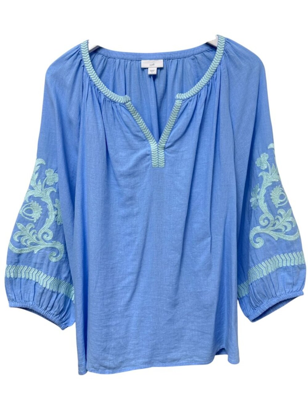 J.Jill Embroidered Peasant Top Large Sky Blue Linen Blend Boho Blouse Womens